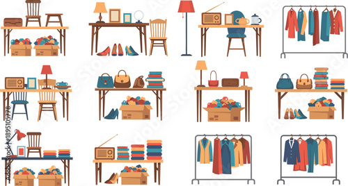 Clothing Store Interior Elements Set With Tables Shelves Clothes Racks And Accessories Flat Vector Illustration