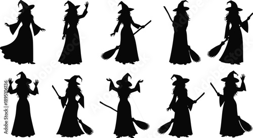 witch, silhouette, vector, halloween, magic, spooky, occult, broomstick, fantasy, mysterious, sorceress, pagan, wicca, character, supernatural,