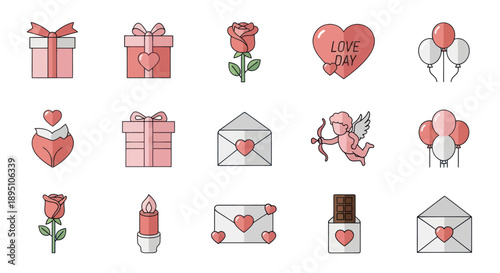 Valentine's Day Icons: Gifts, Rose, Heart, Cupid, Balloons, Chocolate, Candle