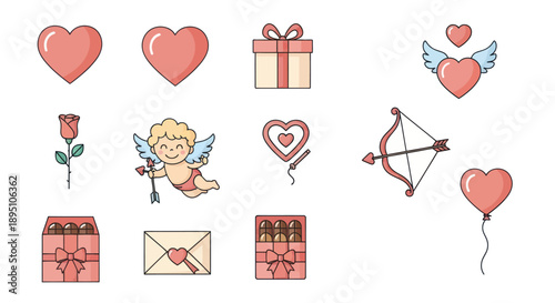 Valentine's Day Icons: Hearts, Cupid, Rose, Gift Box, Bow, Chocolate, Balloon, Envelope