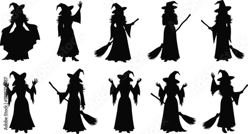 witch, silhouette, vector, halloween, magic, spooky, occult, broomstick, fantasy, mysterious, sorceress, pagan, wicca, character, supernatural,