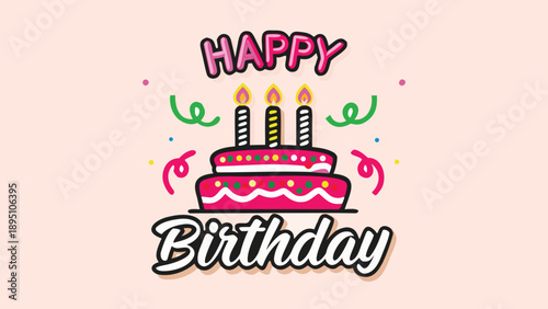 Vector Happy Birthday cake illustration with candles and confetti, for birthday card or party invitation, Isolated on transparent background, png