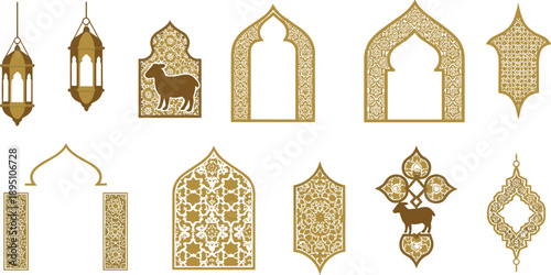 Islamic Ornamental Arch And Lantern Set With Traditional Arabic Geometric Patterns Vector Illustration