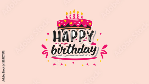 Charming flat illustration of a birthday cake with candles and happy birthday text on pink background for celebrations