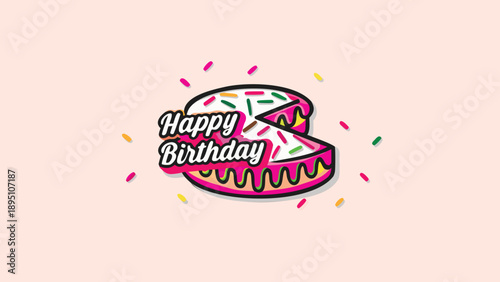 Playful hand drawn illustration of colorful birthday cake with happy birthday text