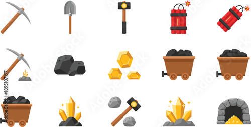 Mining Tools And Resources Icon Set With Pickaxe Coal Gold Gems And Explosives Vector Illustration
