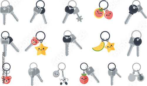 Cute Keychain And House Keys Collection With Smiling Cartoon Charms Flat Vector Illustration