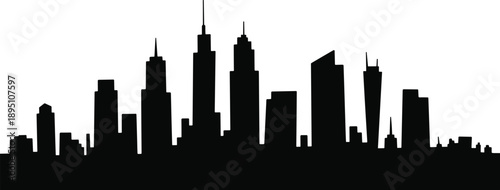 Black city skyline silhouette, urban architecture outline, modern skyscraper horizon, famous landmark buildings, metropolitan downtown view, travel destination, vector illustration, minimalist design