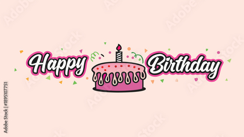 Vibrant doodle style happy birthday cake illustration with confetti and candle
