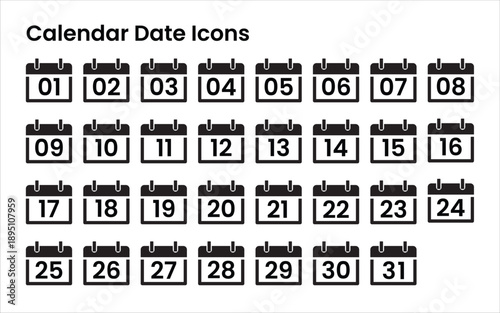 A vector illustration features a set of black and white calendar icons, numbered sequentially from 01 to 31. Each icon represents a single day of the month, displayed in a simple, flat design