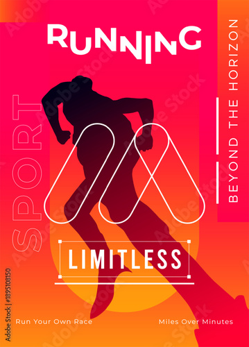 Runner silhouette in fast motion with limitless spirit. Modern athletic concept for marathon event, exercise motivation, and healthy lifestyle poster on vibrant red background. Sporting Event. Sports