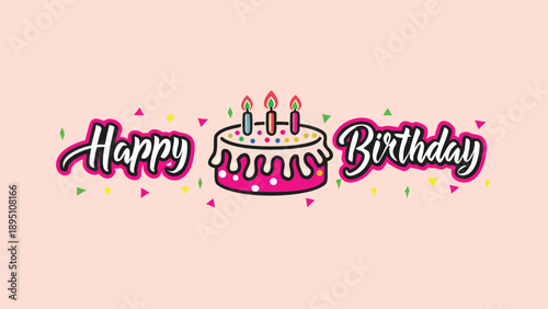 Whimsical pink birthday cake illustration with candles and confetti on light background