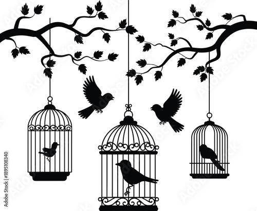 Black bird silhouettes in hanging ornate cages with flying birds, tree branches with leaves, freedom concept, nature, wildlife, decorative illustration
