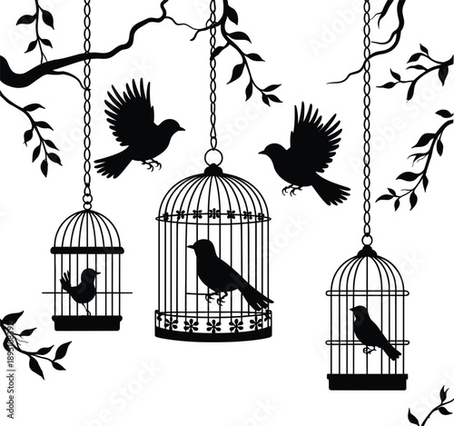Black silhouette of birds flying and sitting inside hanging cages on tree branches, freedom, nature, wildlife, birdcage illustration concept