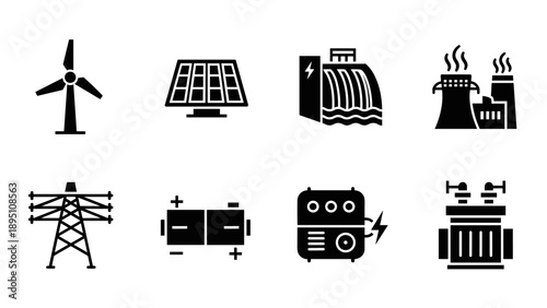 Renewable and non-renewable energy sources icons in black and white silhouette style
