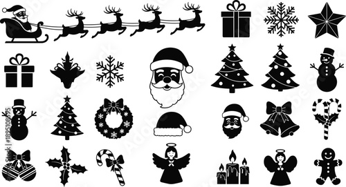 Christmas silhouette icon collection, Santa sleigh, snowman, reindeer, gifts, bells, ornaments, angels, stars, wreath, festive vector design, isolated on white background