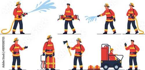 Firefighter Character Set With Fire Hose Axe Equipment And Rescue Actions Flat Vector Illustration