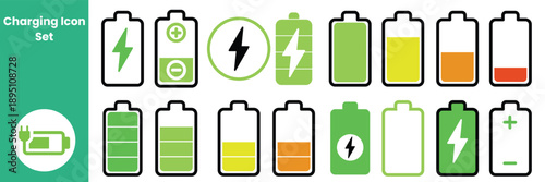 Charge icon set. low to full battery level status indicator with charging symbol for mobile app, ui, and other design.