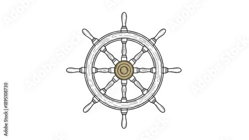 Detailed nautical ship wheel line art on white background