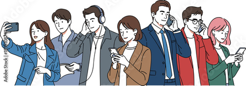 Seven diverse people using mobile devices in various ways, standing side by side with casual outfits and minimal flat illustration style