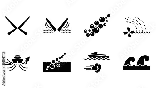 Set of nautical icons with waves, bubbles, and boats - minimal black silhouettes