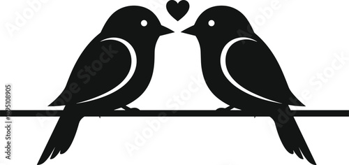 Two birds perched on branch, heart symbol above, love and companionship theme, black silhouette design, vector illustration, romantic nature concept, isolated on white background