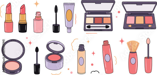 Makeup Cosmetics Icon Set With Lipstick Mascara Blush And Eyeshadow Flat Vector Illustration
