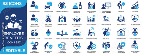 Employee benefits solid icon set featuring compensation, bonuses, insurance, wellness, paid leave, retirement, and work life balance. Flat vector icons for HR and corporate benefit programs.