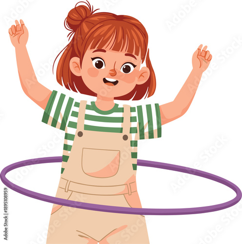 Smiling red-haired child in striped shirt and overalls spinning purple hula hoop around waist with raised arms on white background