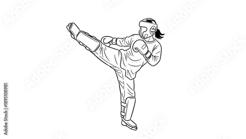Martial artist performing high kick in protective gear line art