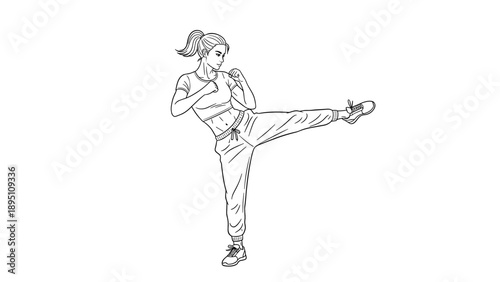 Dynamic line art of a woman practicing martial arts with a high kick