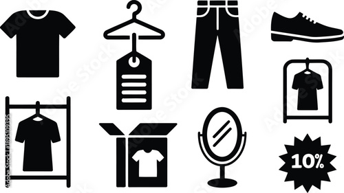 A diverse collection of black silhouette icons representing clothing retail and a ten percent discount symbol