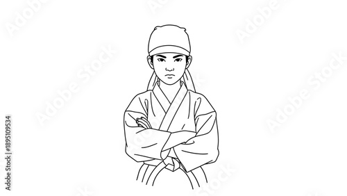 Confident martial artist in traditional robe with folded arms on white background