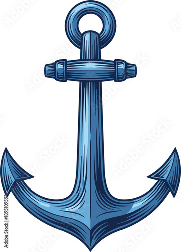 Stylized blue anchor with detailed shading and curved flukes on white background symbolizing maritime strength and nautical stability