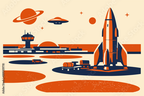 Retro future space travel departing from an alien planet base with a rocket