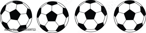 Black and white soccer ball vector set, classic football icon design, game equipment illustration, isolated sports ball collection graphics.