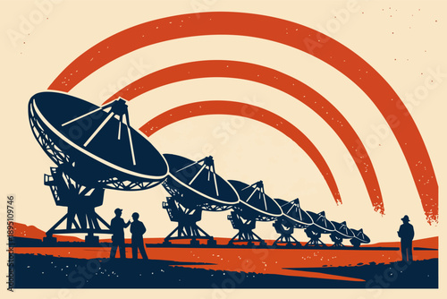 Scientists observing radio telescopes receiving signals in a long array formation