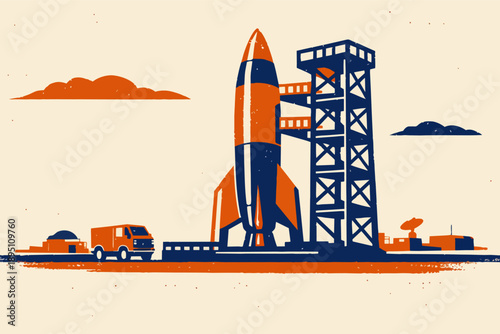 Vintage space mission rocket preparing for launch at the spaceport
