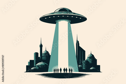 Alien spacecraft hovering over city, beaming down light on a group of people