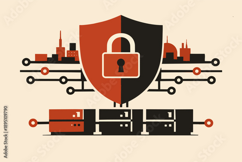 Security shield protecting city data network, ensuring cybersecurity of online information