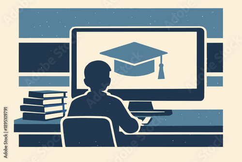 Student learning online at computer with graduation cap, focused on e-learning