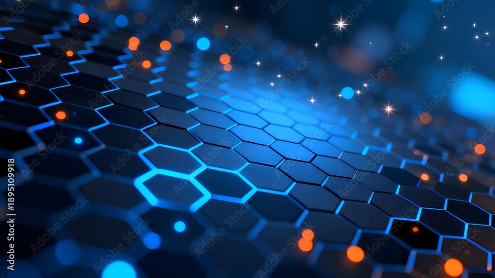Obraz premium Abstract digital hexagonal grid with glowing blue and orange nodes, illuminated by light effects in a futuristic technological environment
