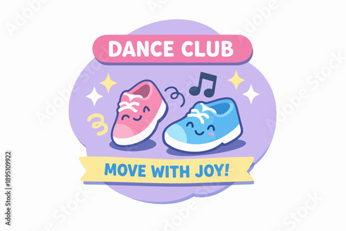 Dance club logo with cheerful cartoon shoes, music notes, and a move with joy banner