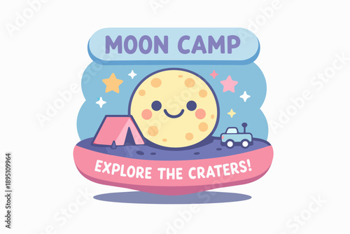 Moon camp badge displaying a friendly moon face, tent, and rover against a starry sky