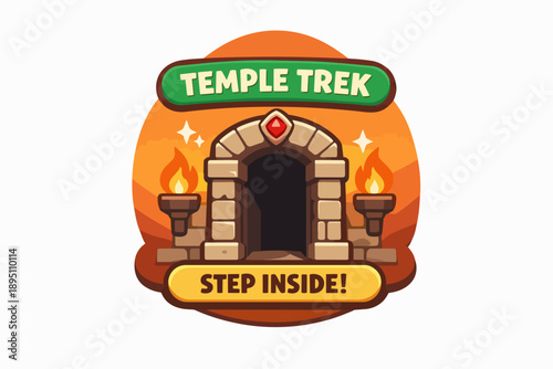 Temple trek game logo showing a stone archway with torches and a red gem