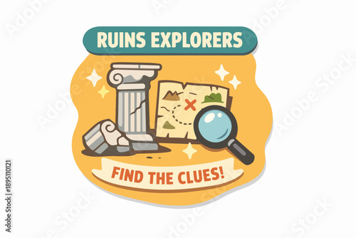 Ruins explorers finding clues for ancient treasure hunt and discovery adventure