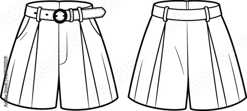 Black and white pleated shorts fashion illustration, with and without belt, technical flat sketch, apparel design template, clothing construction reference