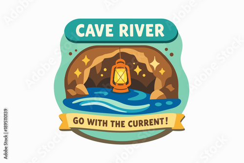 Cave river exploration badge featuring a lantern illuminating underground water journey