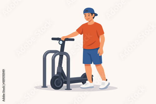 Boy parking electric kick scooter at urban rack, promoting eco-friendly mobility
