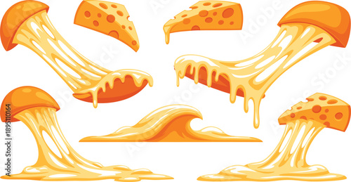 Stretchy Melting Cheese Slices And Drips Set Gooey Food Vector Illustration